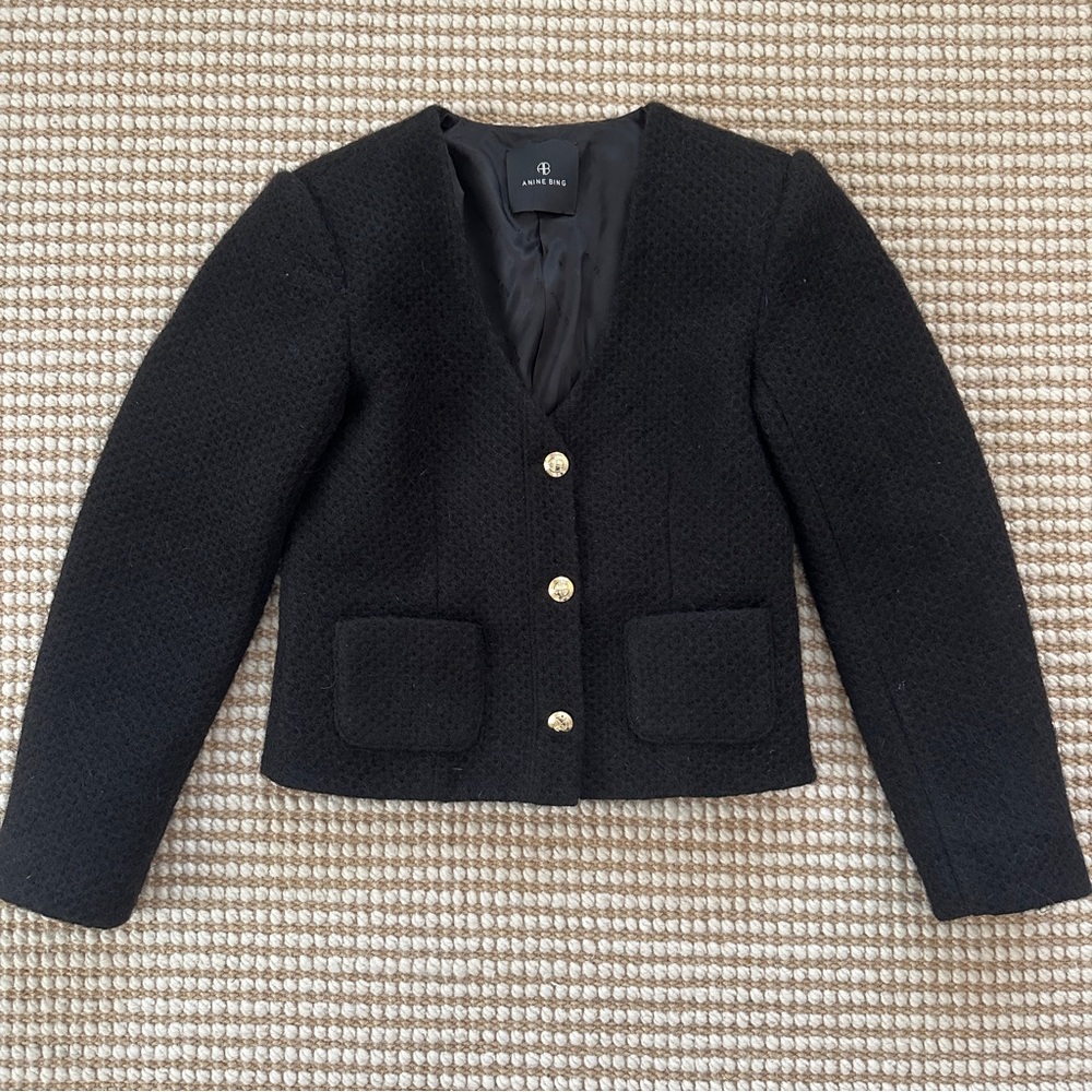 Anine Bing Black Cropped Bouclé Blazer Cardigan Gold Crest Buttons Luxe Knitwear - Picture 7 of 11